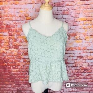 Sim & Sam Mint Green Cropped Eyelet Camisole Style Peplum Boho Blouse
